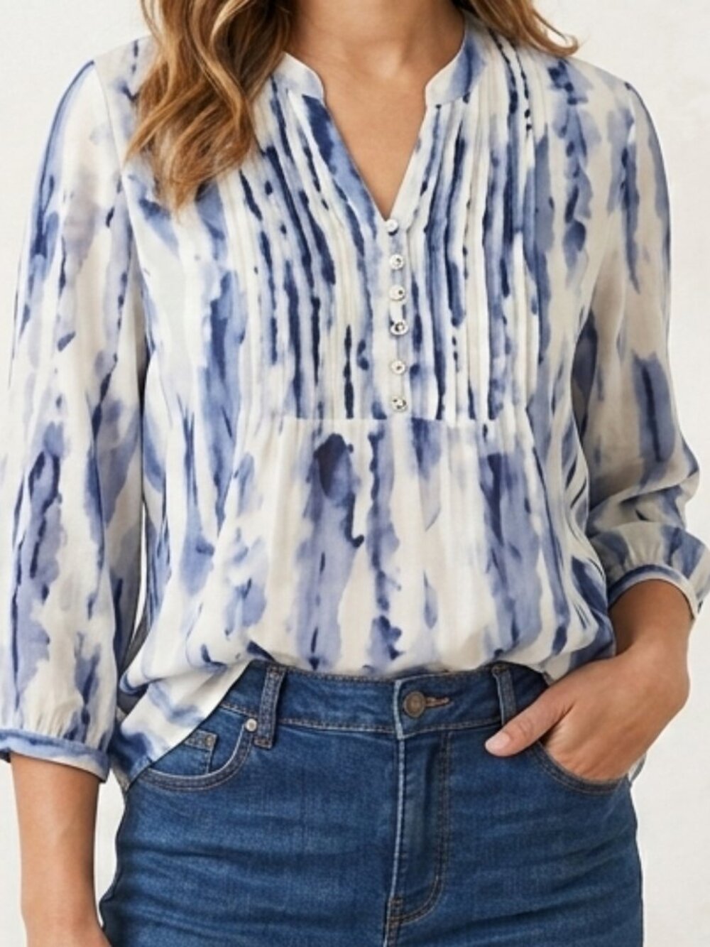Chico's Blue & White Abstract Watercolor Sheer Blouse - Size 1 (8/10)